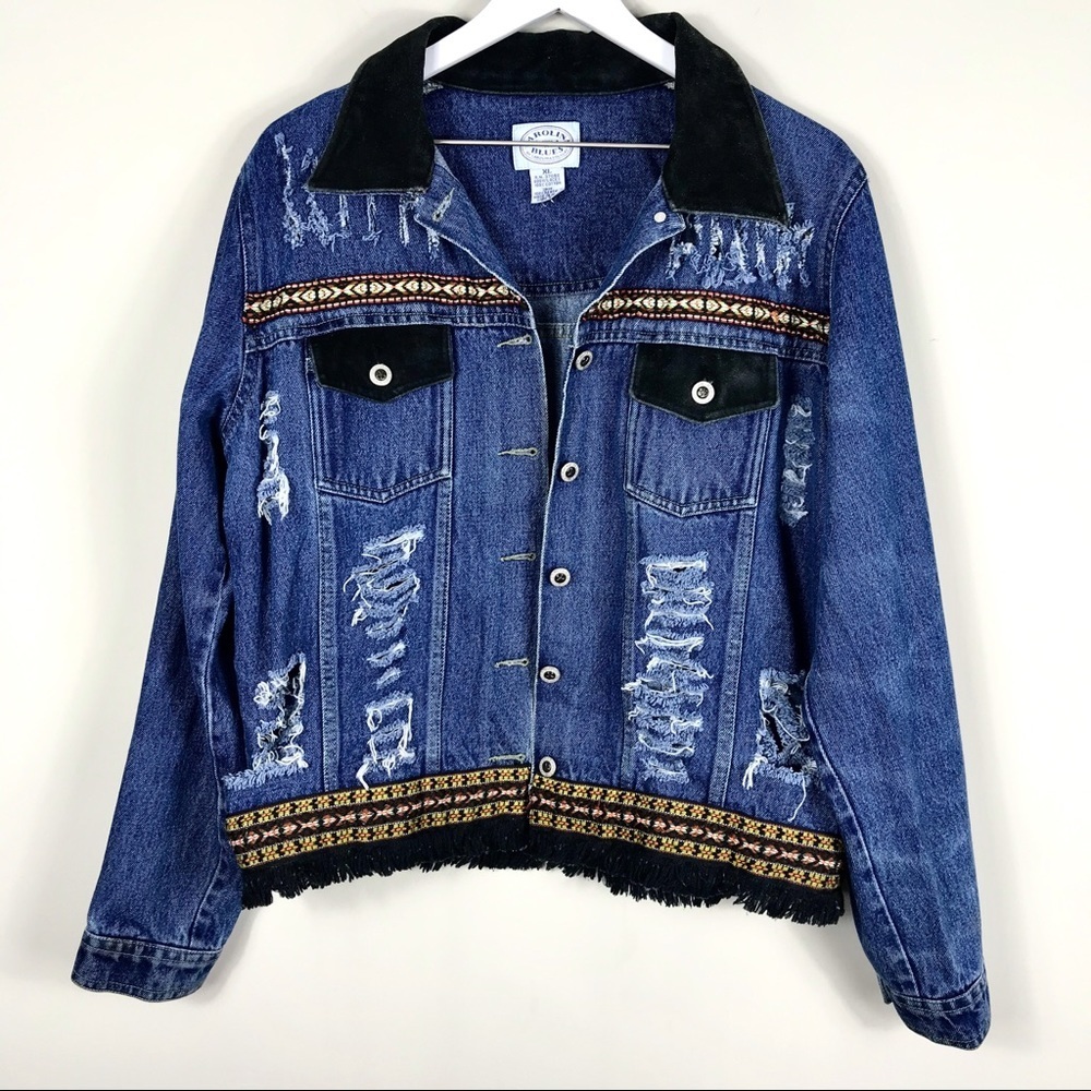 Vintage Boho Distressed Leather Jean Jacket Fringe